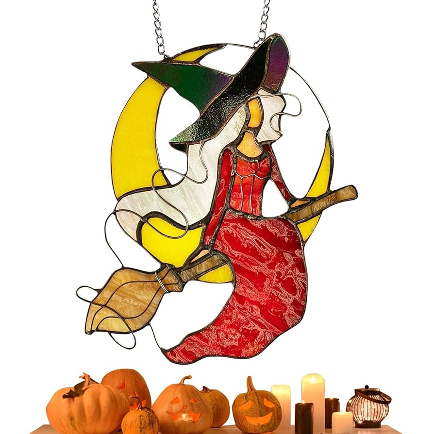 ハロウィンに　ステンドグラス　モビール(魔女、ガイコツ、黒猫) ハロウィンに ステンドグラス モビール(黒猫、魔女、おばけ